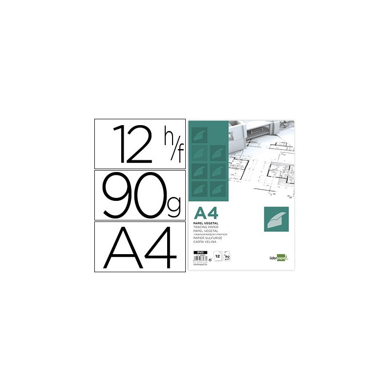 Papel dibujo liderpapel a4 210x297mm 90g/m2 vegetal sobre de 12 hojas