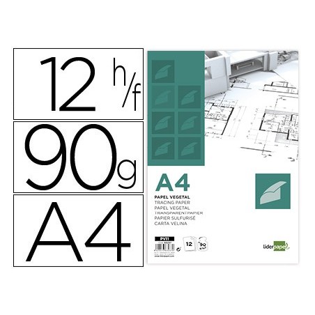 Papel dibujo liderpapel a4 210x297mm 90g/m2 vegetal sobre de 12 hojas
