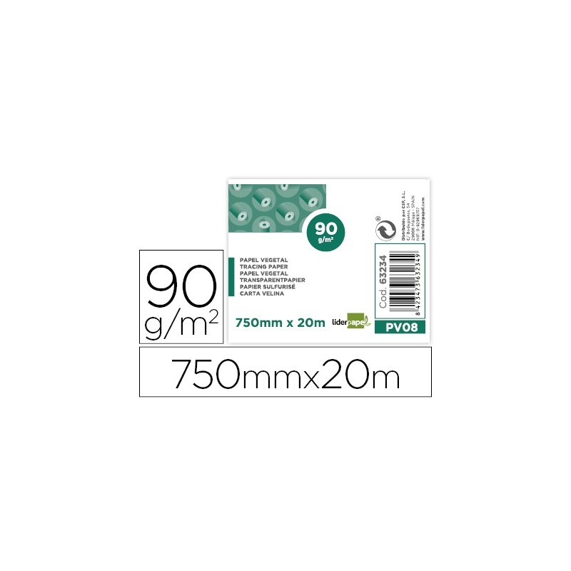 Papel dibujo liderpapel 750mmx20m 90g/m2 vegetal rollo