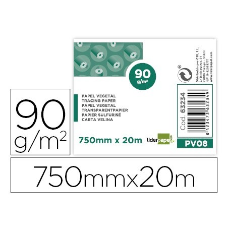 Papel dibujo liderpapel 750mmx20m 90g/m2 vegetal rollo