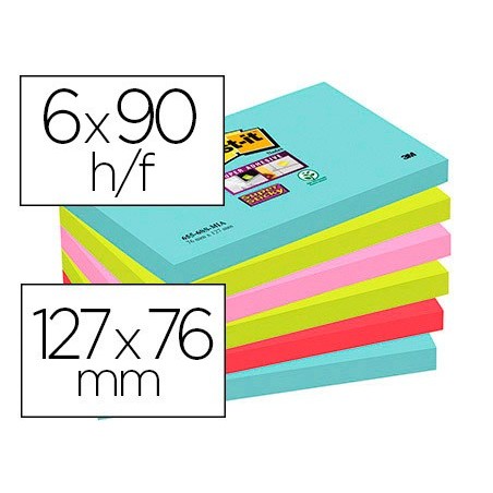 Bloc de notas adhesivas quita y pon post-it super sticky 76x127 mm con 90 hojas pack de 6 unidades colores miami