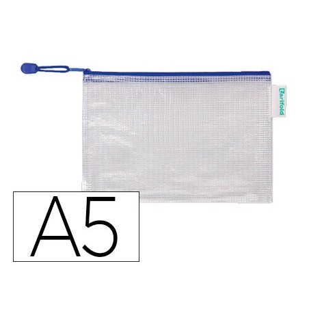 Bolsa multiusos tarifold pvc din a5 apertura superior con cremallera portaboligrafo y correa azul