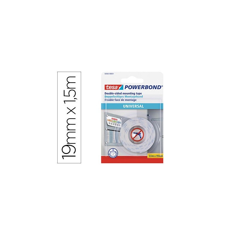 Cinta adhesiva tesa doble cara powerbond universal uso interior 1,5 m x 19 mm