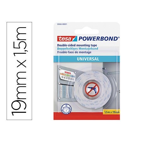 Cinta adhesiva tesa doble cara powerbond universal uso interior 1,5 m x 19 mm