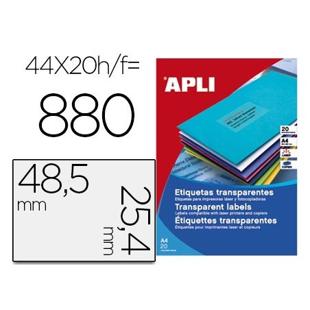 Etiqueta adhesiva apli transparente 48,5x25,4 mm fotocopia laser inkjet caja 20 hojas din a4 con 880