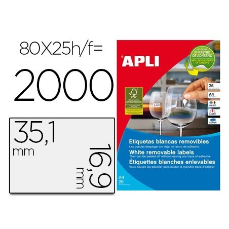 Etiqueta adhesiva apli 35,6x16,9 mm fotocopiadora laser inkjet caja 25 hojas din a4 con 2000 etiquetas