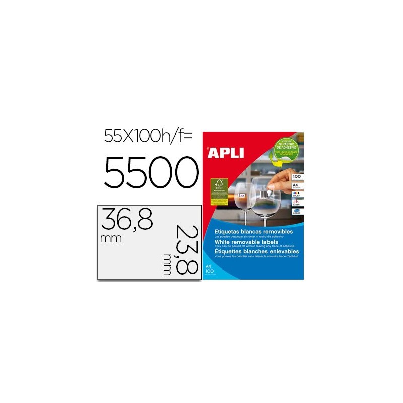 Etiqueta adhesiva apli 36,8x23,8 mm fotocopiadora laser inkjet caja 100 hojas din a4 con 5500 etiquetas
