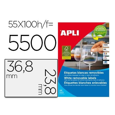 Etiqueta adhesiva apli 36,8x23,8 mm fotocopiadora laser inkjet caja 100 hojas din a4 con 5500 etiquetas