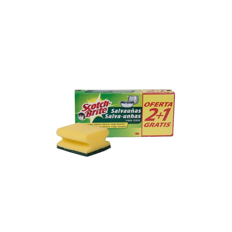 Estropajo salvauñas scotch brite fibra verde paquete 3x2
