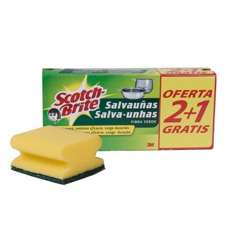 Estropajo salvauñas scotch brite fibra verde paquete 3x2
