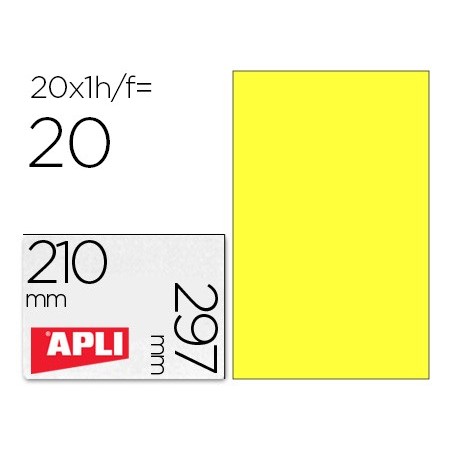 Etiqueta adhesiva apli 02878 tamaño 210x297 mm para laser fotocopiadora ink-jet caja con 20 hojas din a4 amarillo