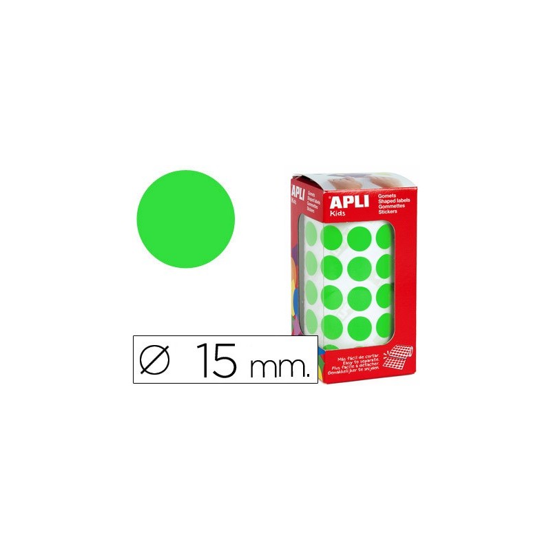Gomets autoadhesivos circulares 15 mm verde en rollo con 2832 unidades