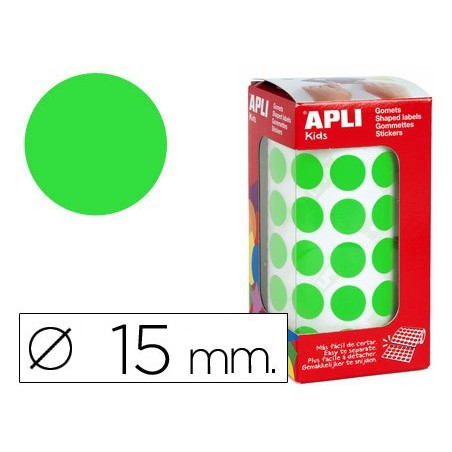 Gomets autoadhesivos circulares 15 mm verde en rollo con 2832 unidades