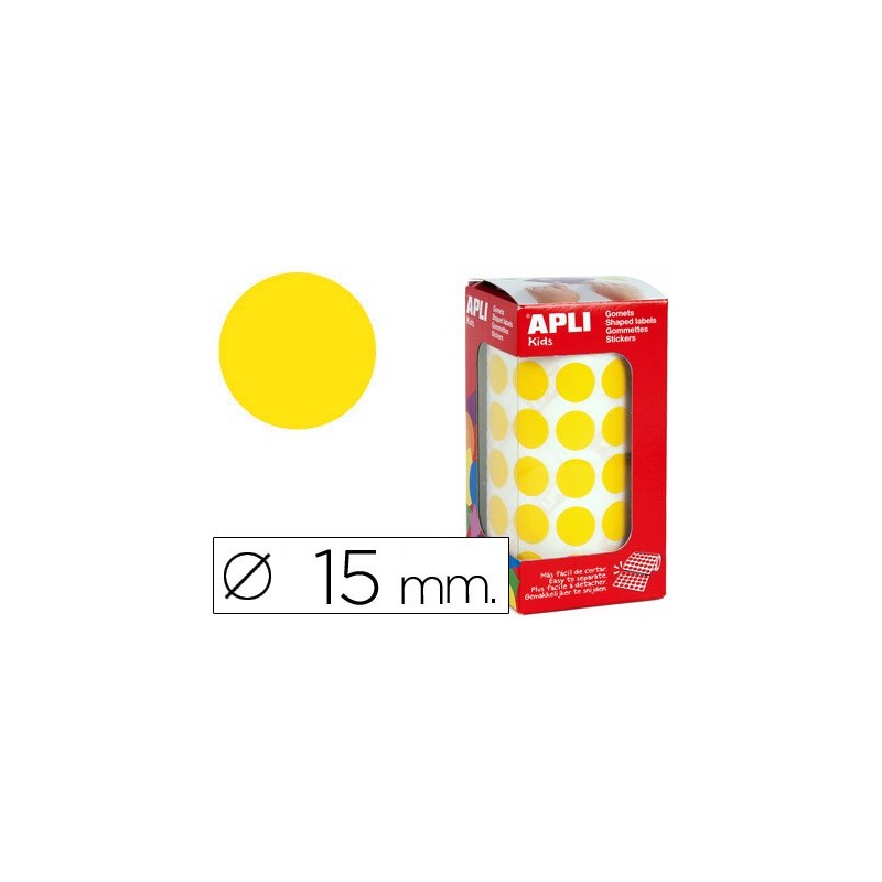 Gomets autoadhesivos circulares 15 mm amarillo en rollo con 2832 unidades