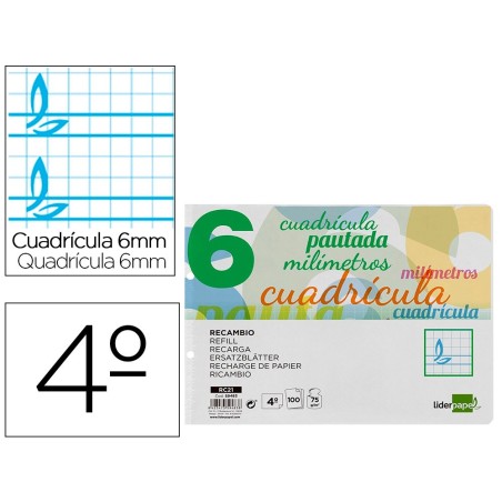 Recambio liderpapel cuarto apaisado pautaguia 100 hojas 75 g cuadriculado pautado 6 mm con margen 2 taladros