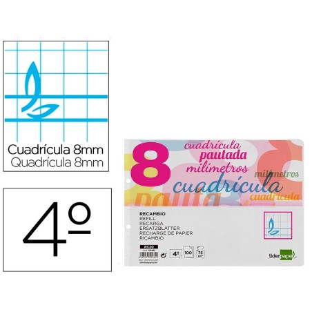 Recambio liderpapel cuarto apaisado pautaguia 100 hojas 75 g cuadriculado pautado 8 mm con margen 2 taladros