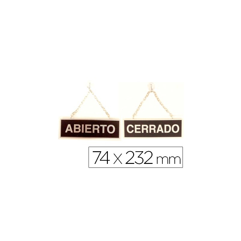 Letrero metalico serigrafiado abierto y cerrado con cadena y ventosa para colgar de 74x232 mm