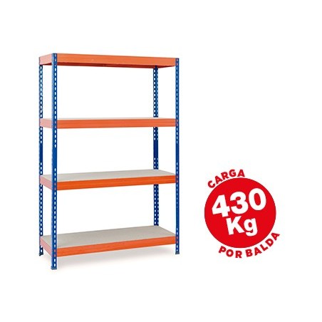 Estanteria metalica ar storage 200x100x60cm 4 estantes 430kg por estante bandejas de maderasin tornillos azul naranja