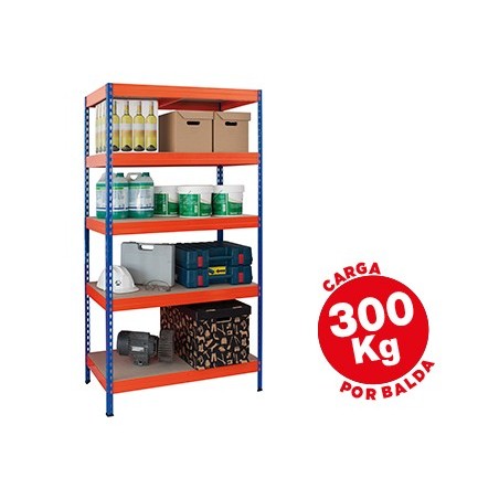 Estanteria metalica ar storage 192x100x50cm 5 estantes 300kg por estante bandejas de madera sin tornillos azul/naranja