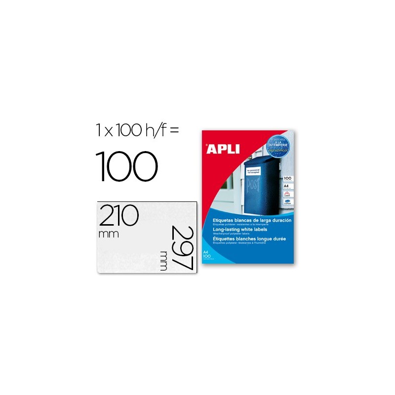 Etiquetas adhesivas apli 12121 tamaño 210x297 mm poliester resistente a la interperie impresion laser