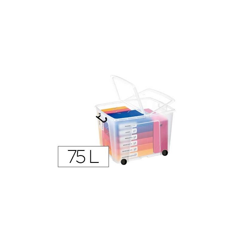 Contenedor plastico cep 75 litros 485x600x415 mm transparente con tapa cierre hermetico y 4 ruedas Contenedor plastico cep 75 litros 485x600x415 mm transparente con tapa cierre hermetico y 4 ruedas