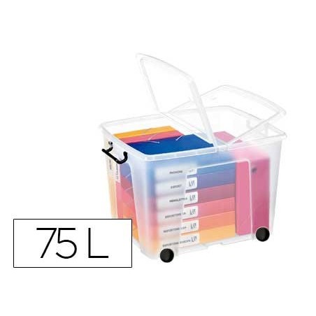 Contenedor plastico cep 75 litros 485x600x415 mm transparente con tapa cierre hermetico y 4 ruedas