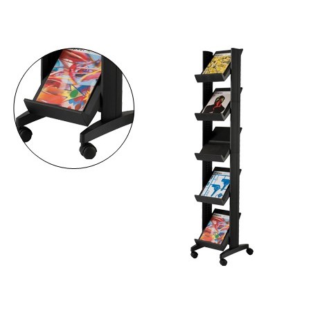 Expositor paperflow de suelo movil 5 estantes de 275x327mm color negro tamaño del expositor 350x1675x385 mm
