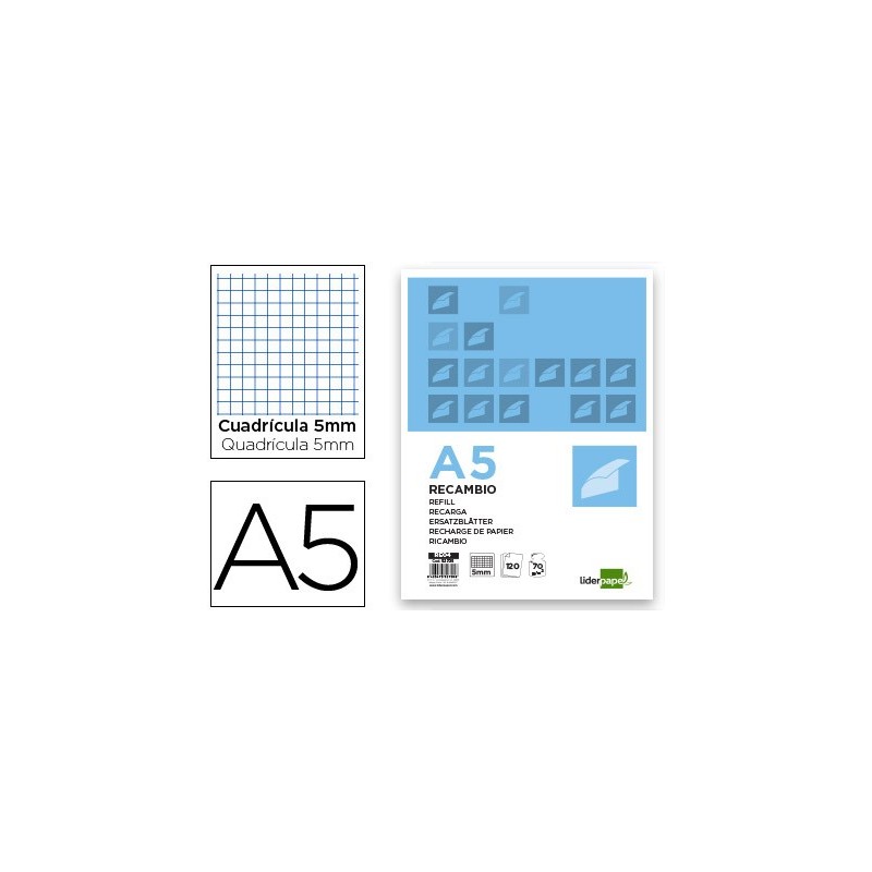 Recambio liderpapel a5 120 hojas 75g/m2 cuadro 5mm sin margen 6 taladros bandas de 5 colores