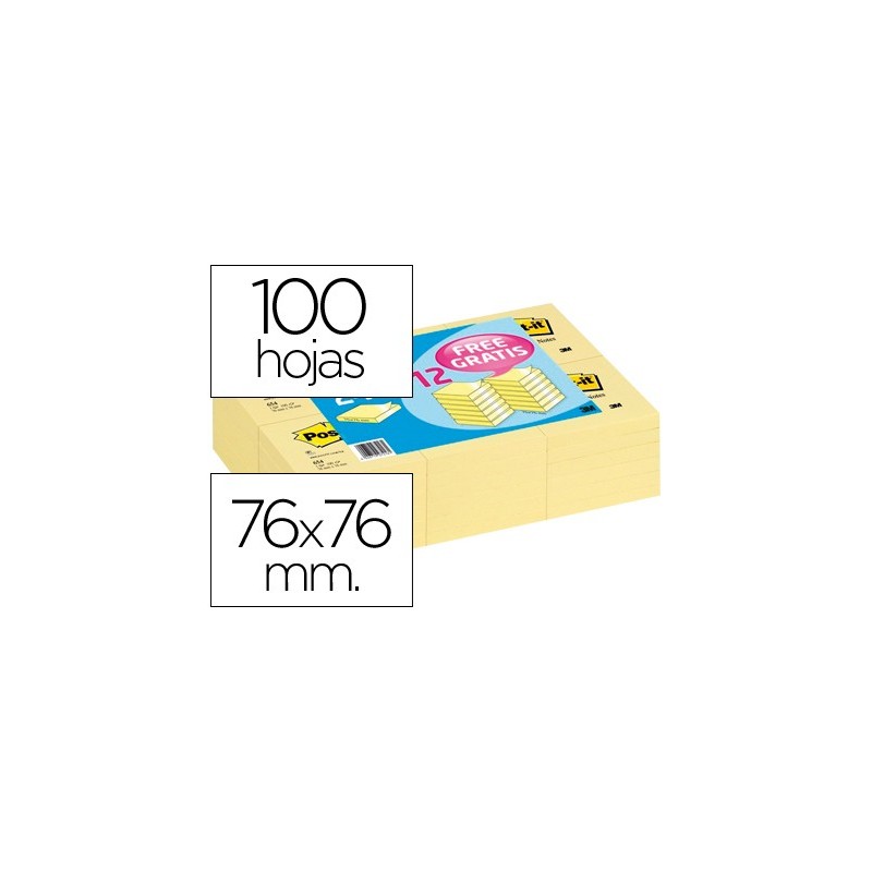 Bloc de notas adhesivas quita y pon post-it 76x76 mm pack promocional 2412 unidades