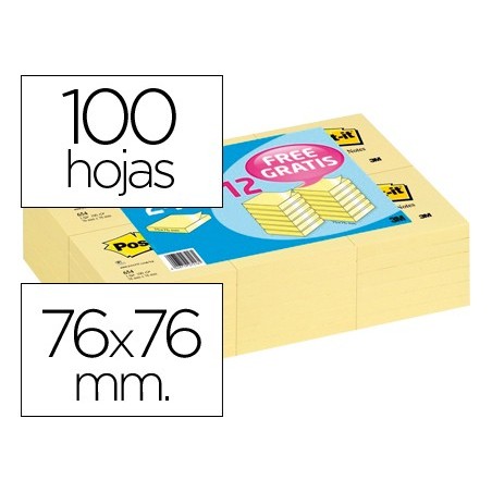 Bloc de notas adhesivas quita y pon post-it 76x76 mm pack promocional 2412 unidades