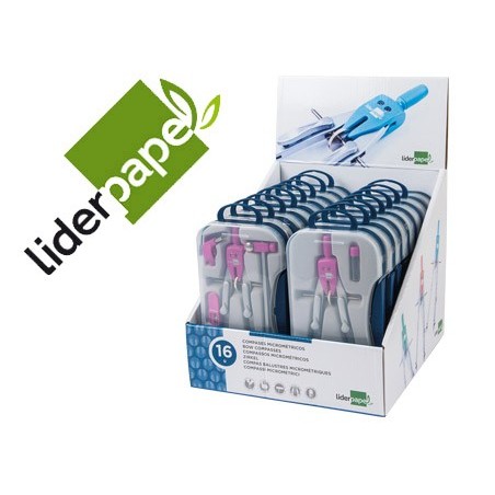 Compas liderpapel con adapatador alargadera y mango extra soft expositor de 16 estuches 2 modelos