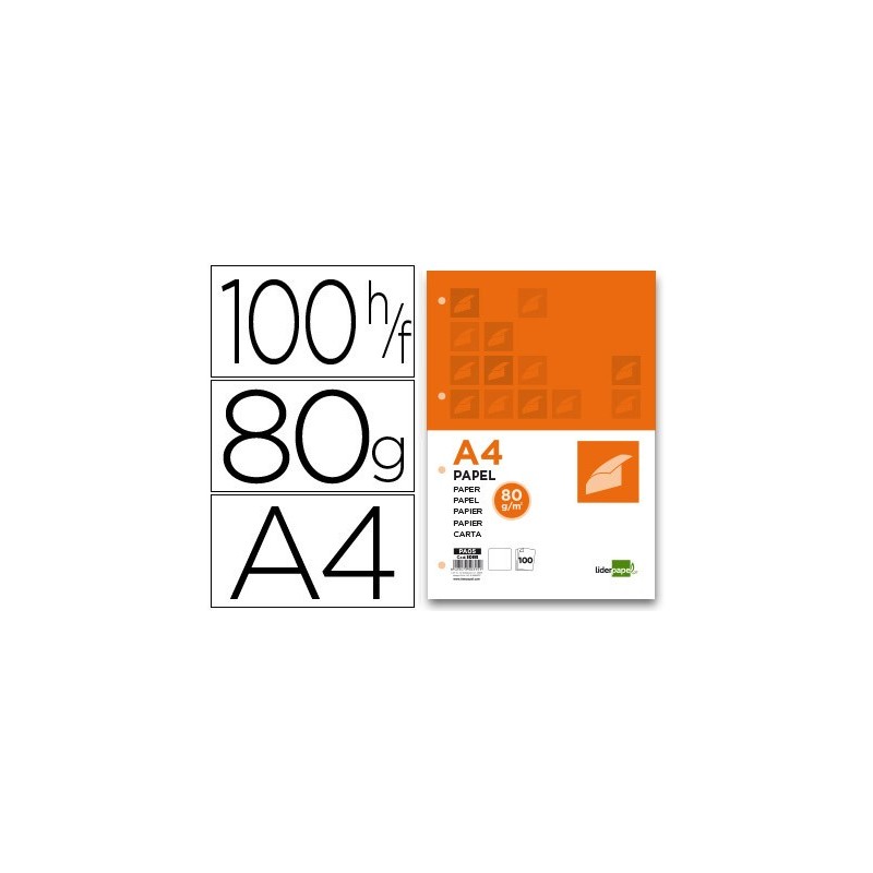 Papel liderpapel a4 80g/m2 liso 4 taladros paquete de 100 hojas