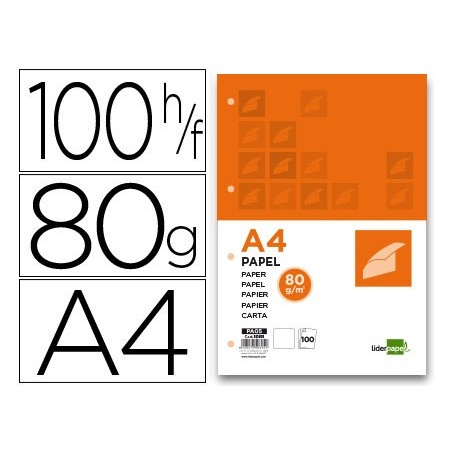 Papel liderpapel a4 80g/m2 liso 4 taladros paquete de 100 hojas
