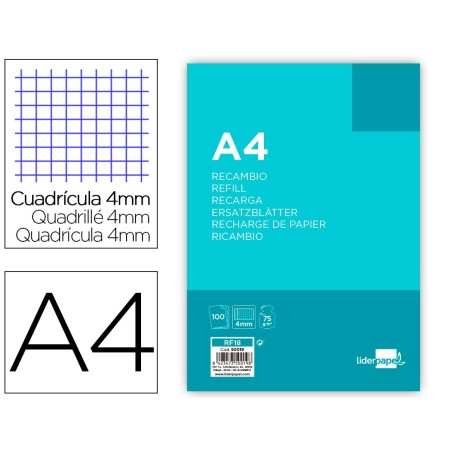Recambio liderpapel a4 100 hojas 75g/m2 cuadro 4mm con margen 4 taladros