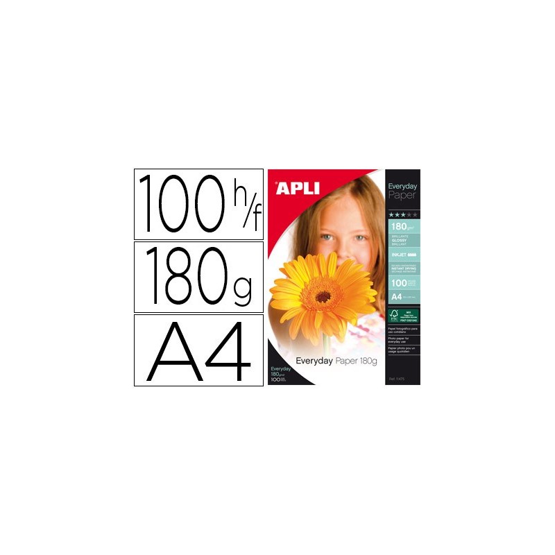 Papel fotografico apli glossy din a4 pack 100 hojas de 180 gr