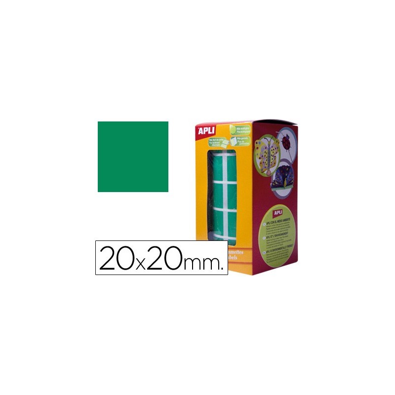 Gomets autoadhesivos cuadrados 20x20 mm verde rollo de 1770 unidades