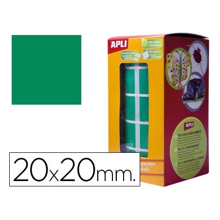 Gomets autoadhesivos cuadrados 20x20 mm verde rollo de 1770 unidades