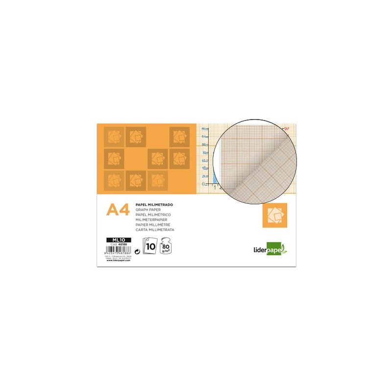 Papel dibujo liderpapel 210x297mm 80g/m2 milimetrado pack de 10 hojas