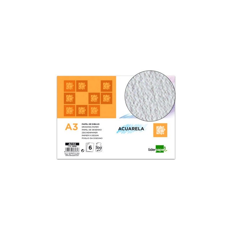 Papel dibujo liderpapel 297x420mm 300g/m2 acuarela pack de 6 hojas