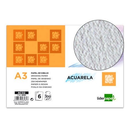Papel dibujo liderpapel 297x420mm 300g/m2 acuarela pack de 6 hojas
