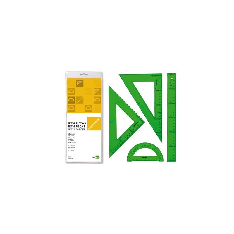 Juego escuadra cartabon regla 30 cm y semicirculo en petaca liderpapel verde