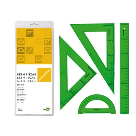 Juego escuadra cartabon regla 30 cm y semicirculo en petaca liderpapel verde