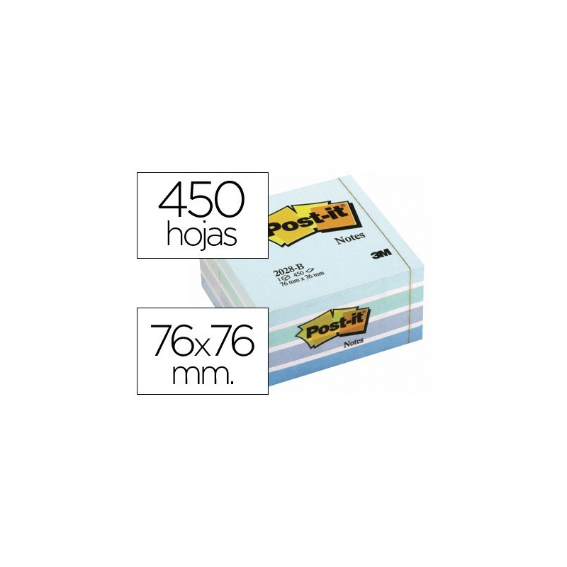 Bloc de notas adhesivas quita y pon post-it 76x76 mm cubo color azul pastel 450 hojas