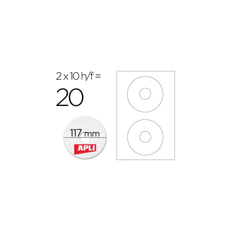 Etiqueta adhesiva apli 10603 tamaño cd-rom 117 mm para fotocopiadora laser ink-jet caja con 10 hojas/20 etiquetas