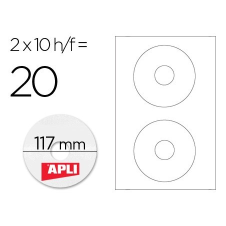 Etiqueta adhesiva apli 10603 tamaño cd-rom 117 mm para fotocopiadora laser ink-jet caja con 10 hojas/20 etiquetas
