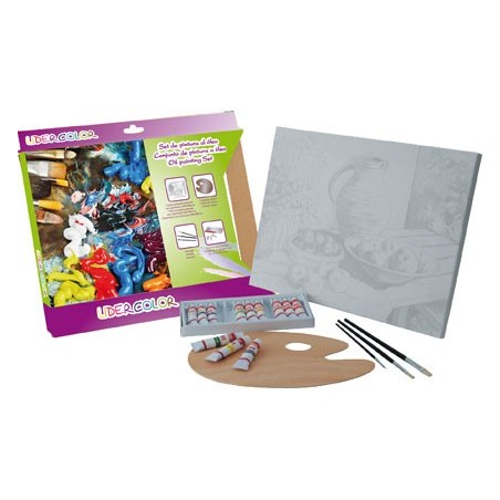 Set pintura al oleo lidercolor contiene 1 lienzo imprimacion 30x40cm 1 paleta madera 3 brochas tubos 12x12ml oleo