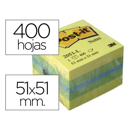 Bloc de notas adhesivas quita y pon post-it 51x51 mm minicubo color limon 2051-l 400 hojas