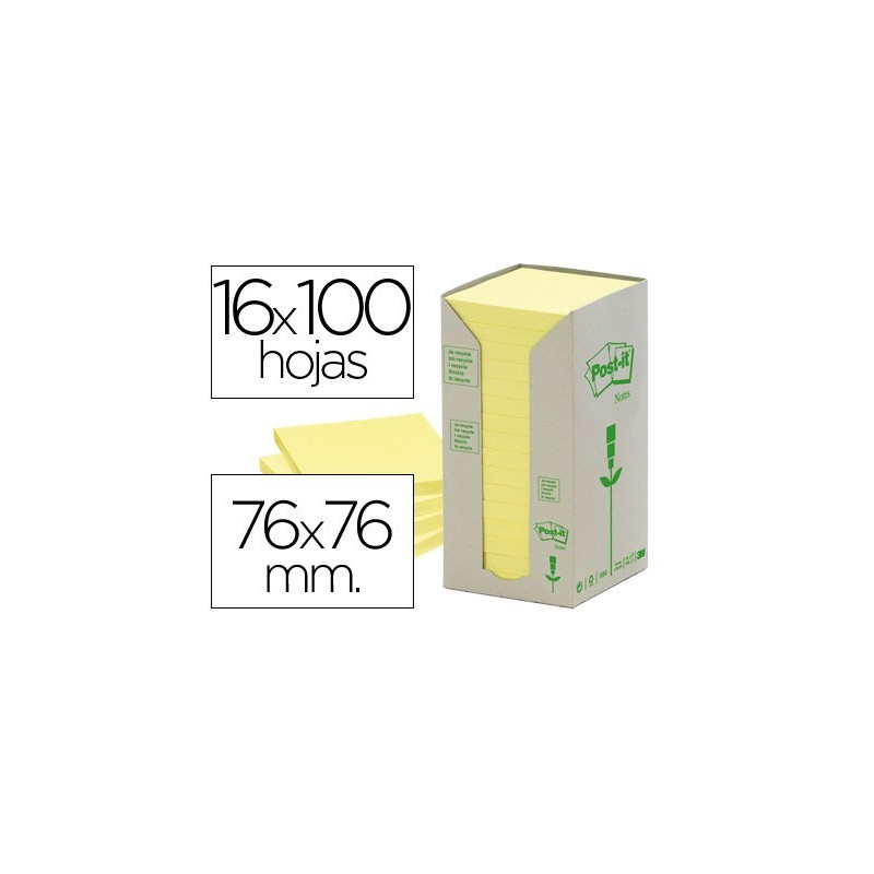 Bloc de notas adhesivas quita y pon reciclada en torre post-it 76 x 76 mm 16 blocs 654 reciclado Bloc de notas adhesivas quita y pon reciclada en torre post-it 76 x 76 mm 16 blocs 654 reciclado