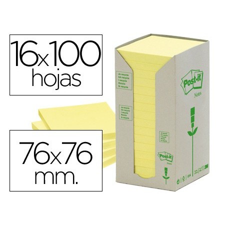 Bloc de notas adhesivas quita y pon reciclada en torre post-it 76 x 76 mm 16 blocs 654 reciclado