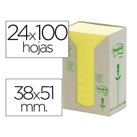 Bloc de notas adhesivas quita y pon reciclada en torre post-it 38 x 51 mm 24 blocs 653 reciclado